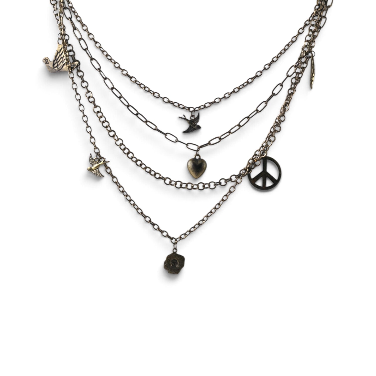 Multi Strand Layered Charm Necklace 16" Antique Brass Peace Sign Birds Heart Boho