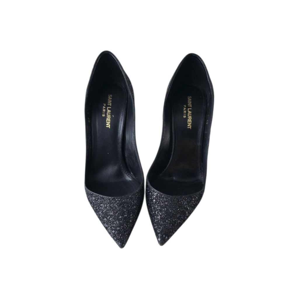Saint Laurent Zoe Black Glitter Pointed Toe Pumps Stiletto Heels Size 40