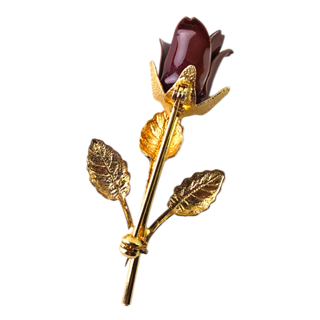 Vintage Enamel Burgundy Red Rose Brooch Pin – Gold-Tone Stem & Green Leaves
