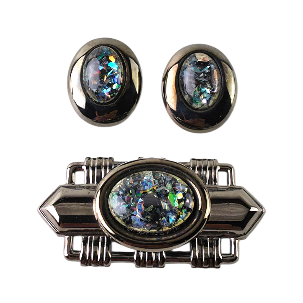 Vintage Gunmetal Art Deco Brooch & Pierced Stud Earrings Set – Iridescent Confetti Foil Cabochon