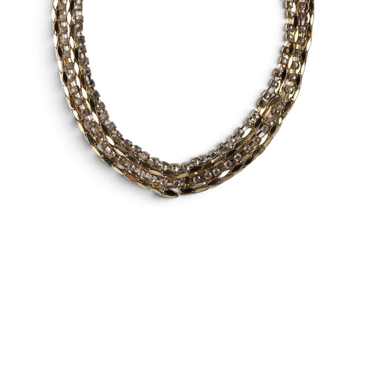 Vintage Gold Tone Rhinestone Mesh Collar Necklace 15" Wide Choker Extender