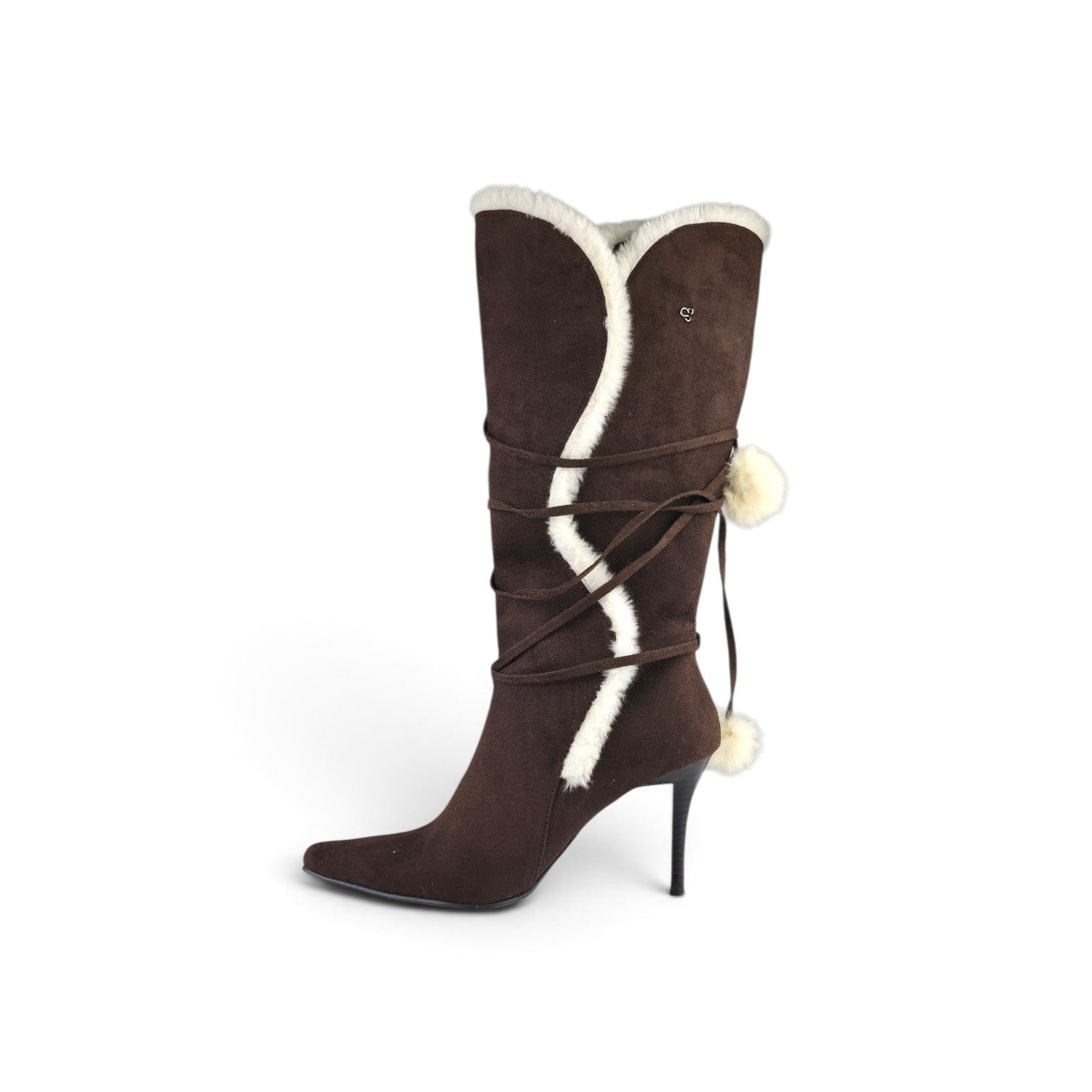 SPLASH Vintage Y2K Brown Suede Faux Fur Trim Pom Pom Stiletto Boots