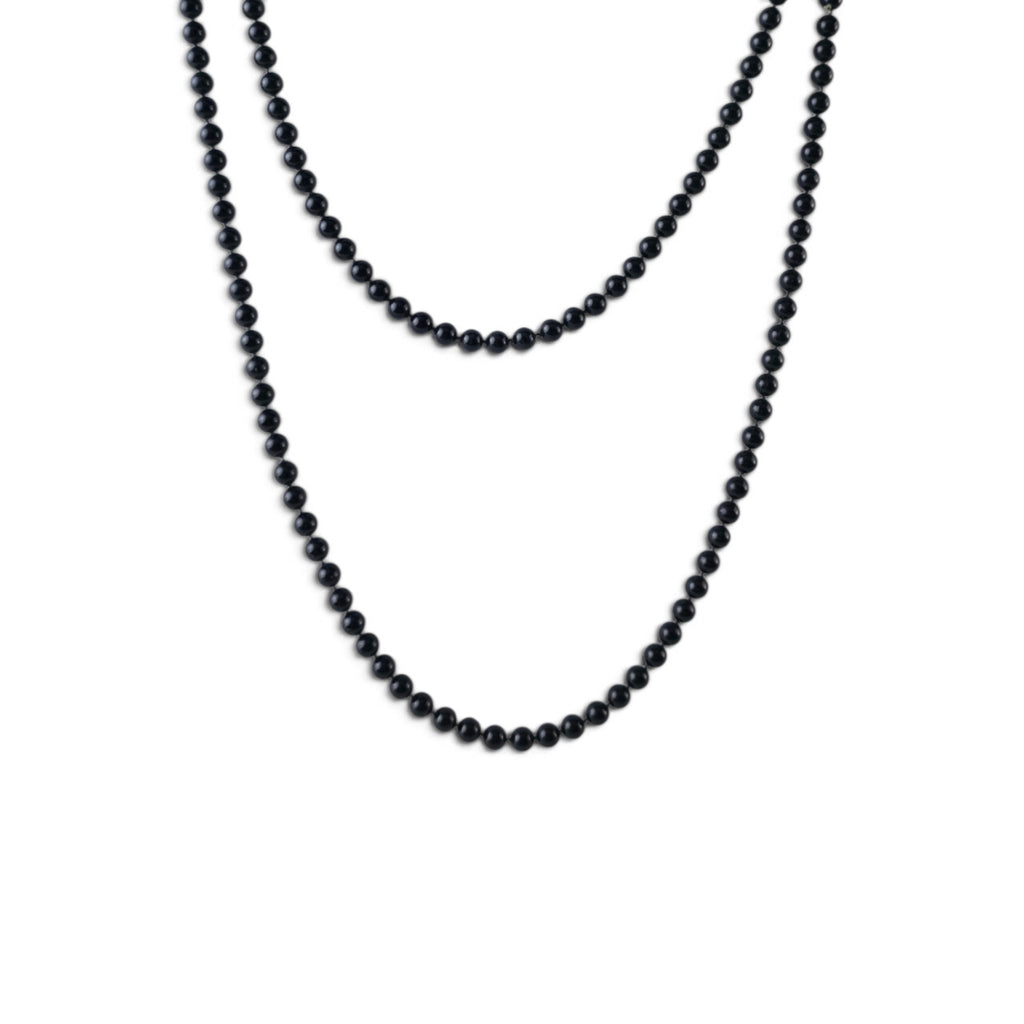 Vintage Black Glass Bead Strand Necklace 29" Jet Black Opera Length Flapper Style