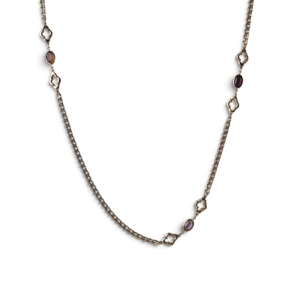 Vintage Avon Gold Tone Chain Necklace 34" Amethyst Purple Glass Quatrefoil Station