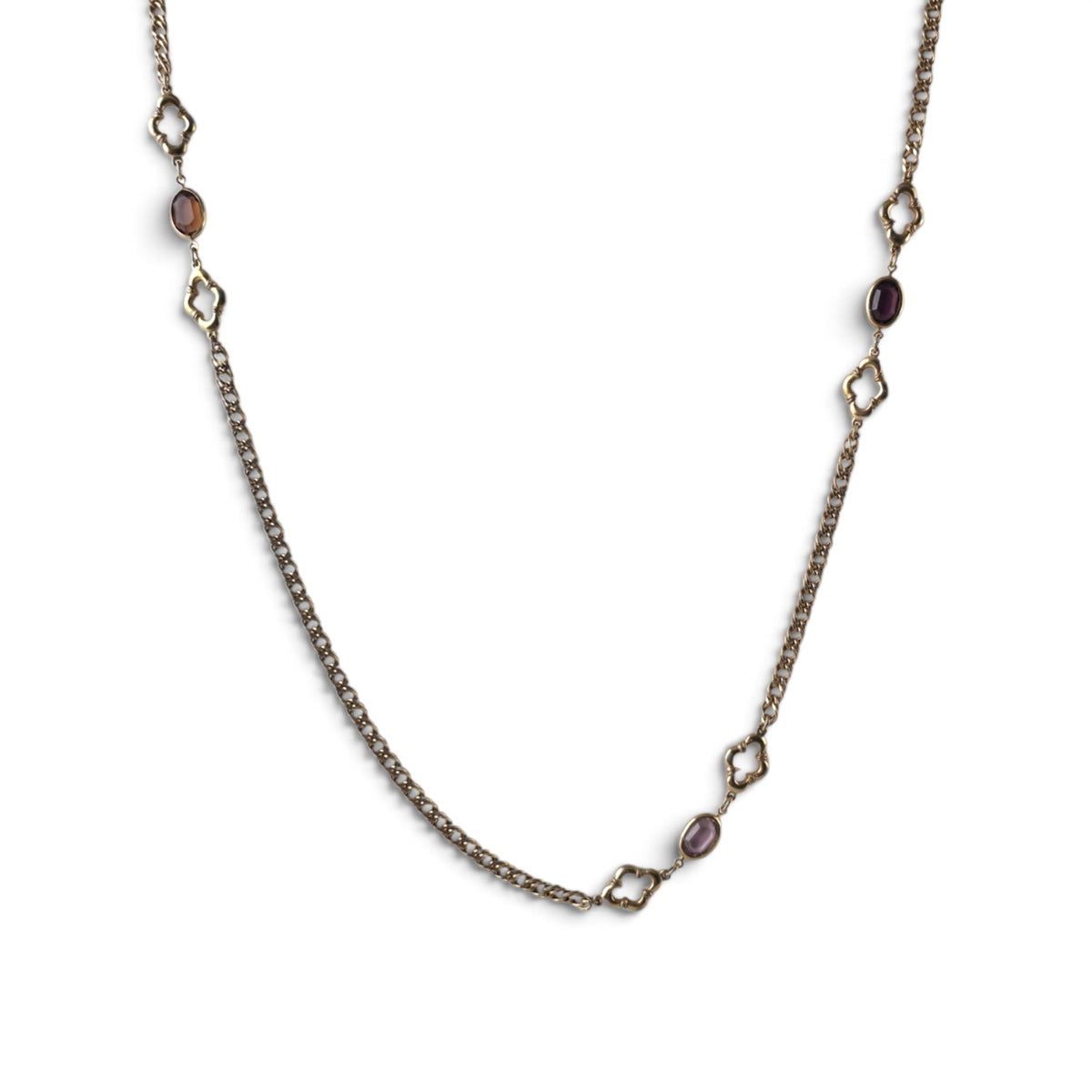 Vintage Avon Gold Tone Chain Necklace 34" Amethyst Purple Glass Quatrefoil Station