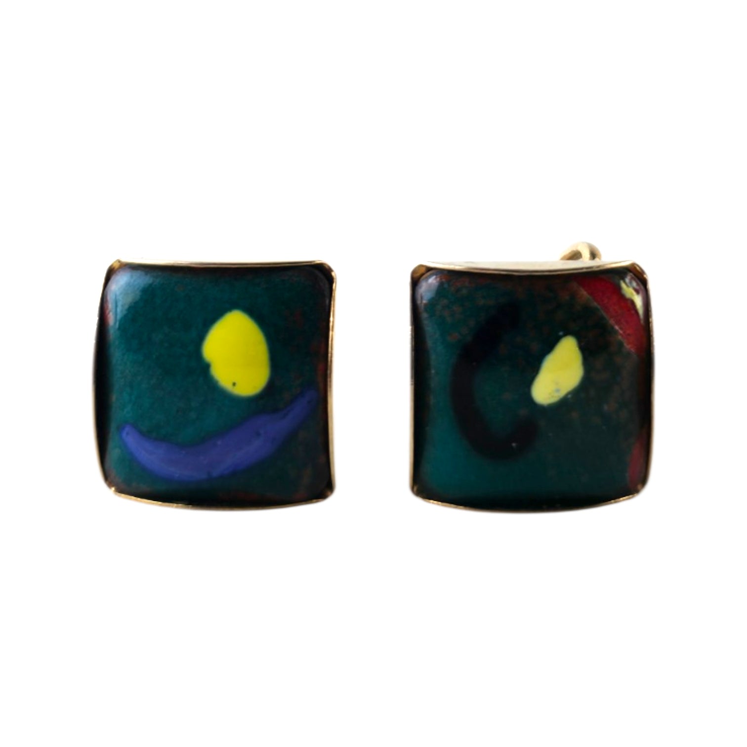 Vintage MCM Enamel Copper Cufflinks & Screw-Back Earrings Set – Joan Miró Style Art