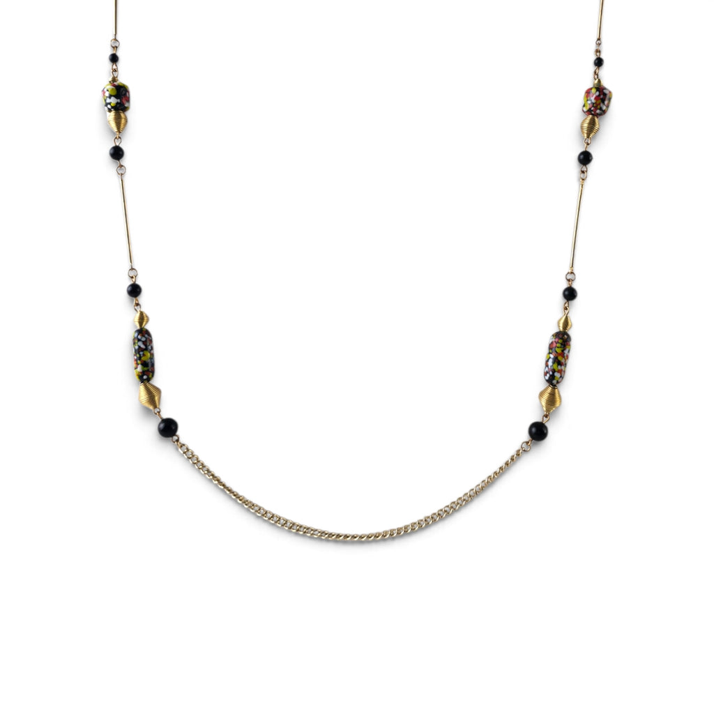 Vintage Murano Style Millefiori Venetian Glass Bead Station Necklace 18" Gold Tone