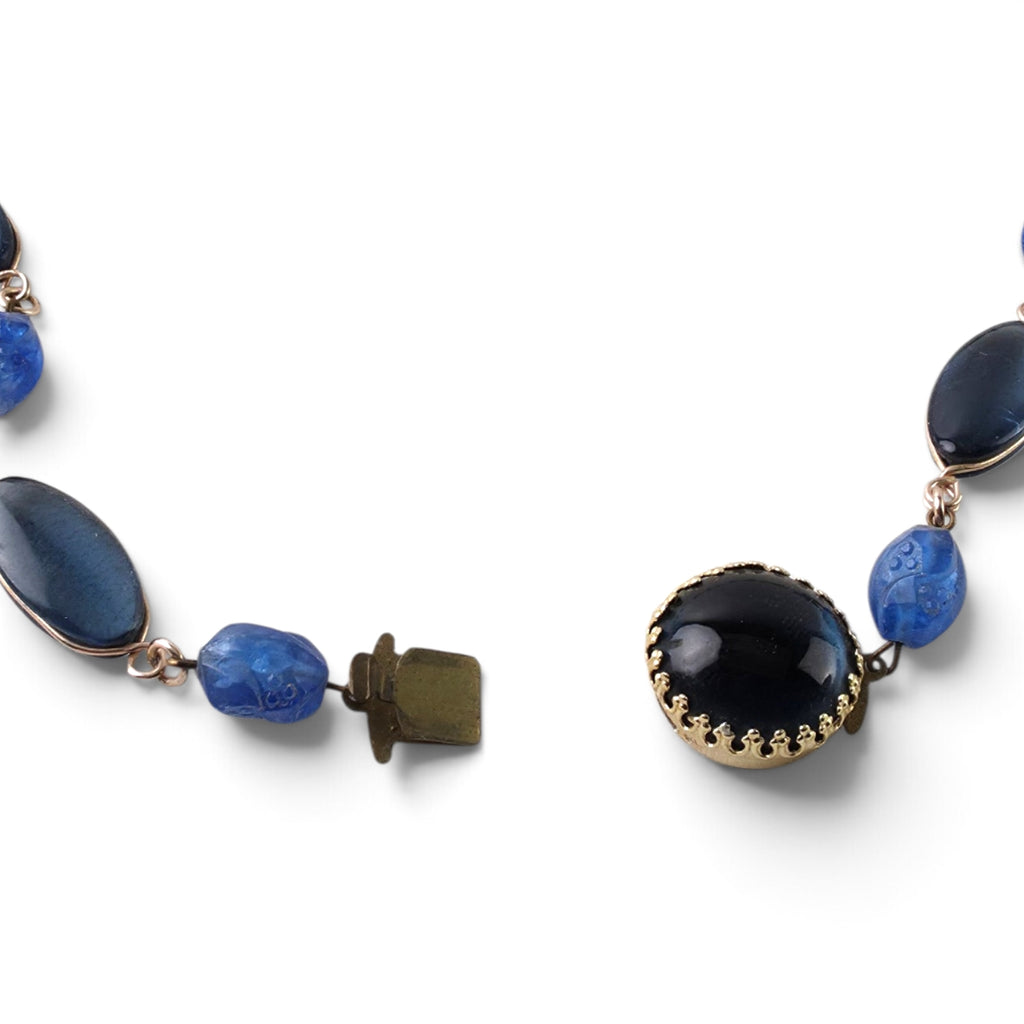 Rare Vintage West Germany 24" Blue Glass Cabochon & Molded Bead Station Necklace