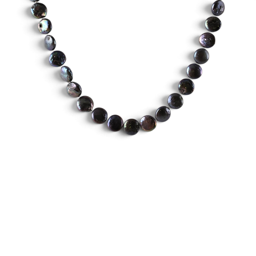 Vintage Black Coin Pearl Necklace 16" Iridescent Peacock Cultured Freshwater Strand