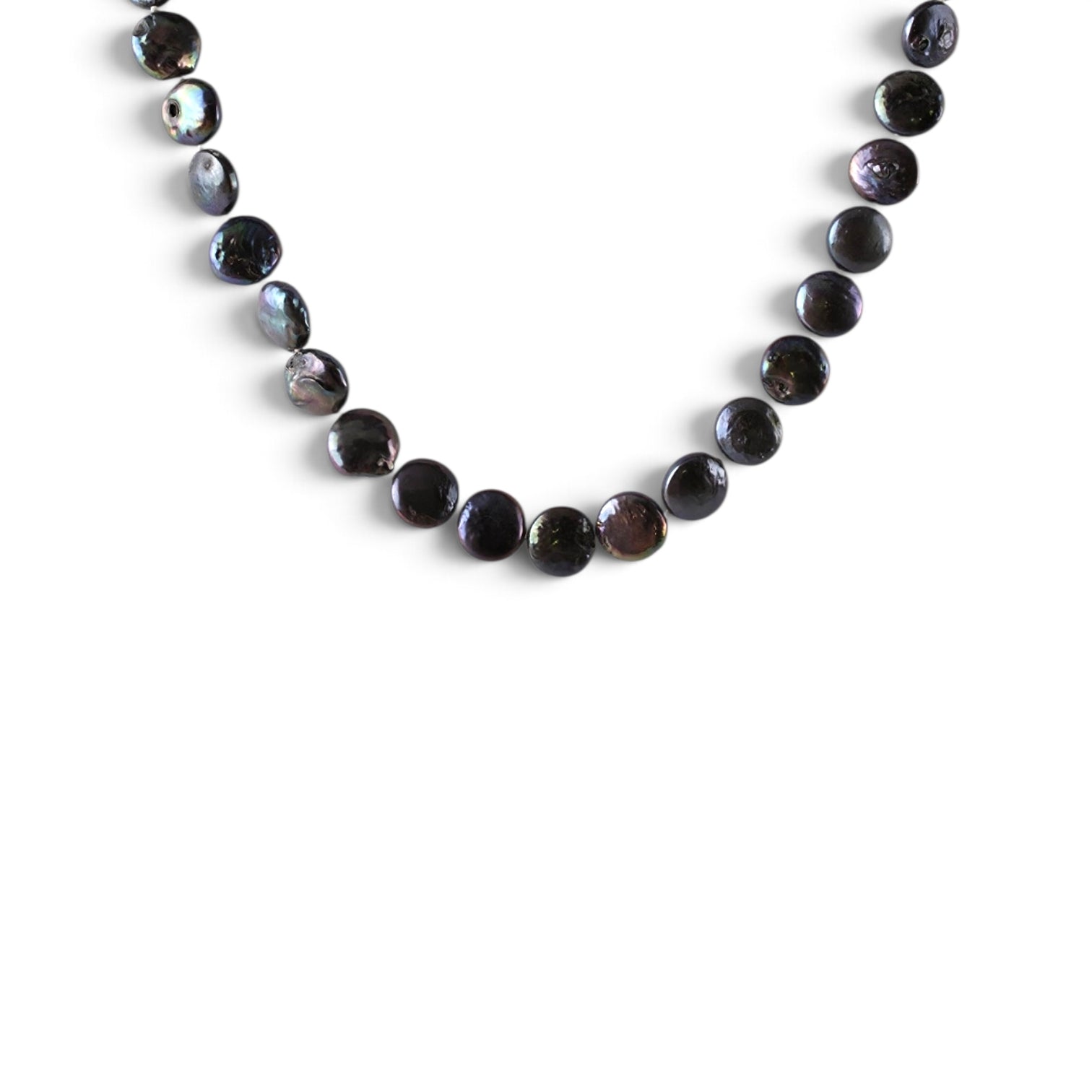 Vintage Black Coin Pearl Necklace 16" Iridescent Peacock Cultured Freshwater Strand
