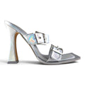 EGO Silver Holographic Metallic Buckle Square Toe Flare Heel Mules