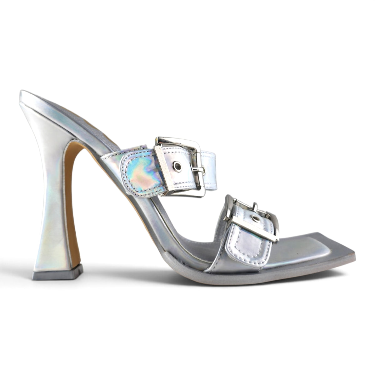EGO Silver Holographic Metallic Buckle Square Toe Flare Heel Mules