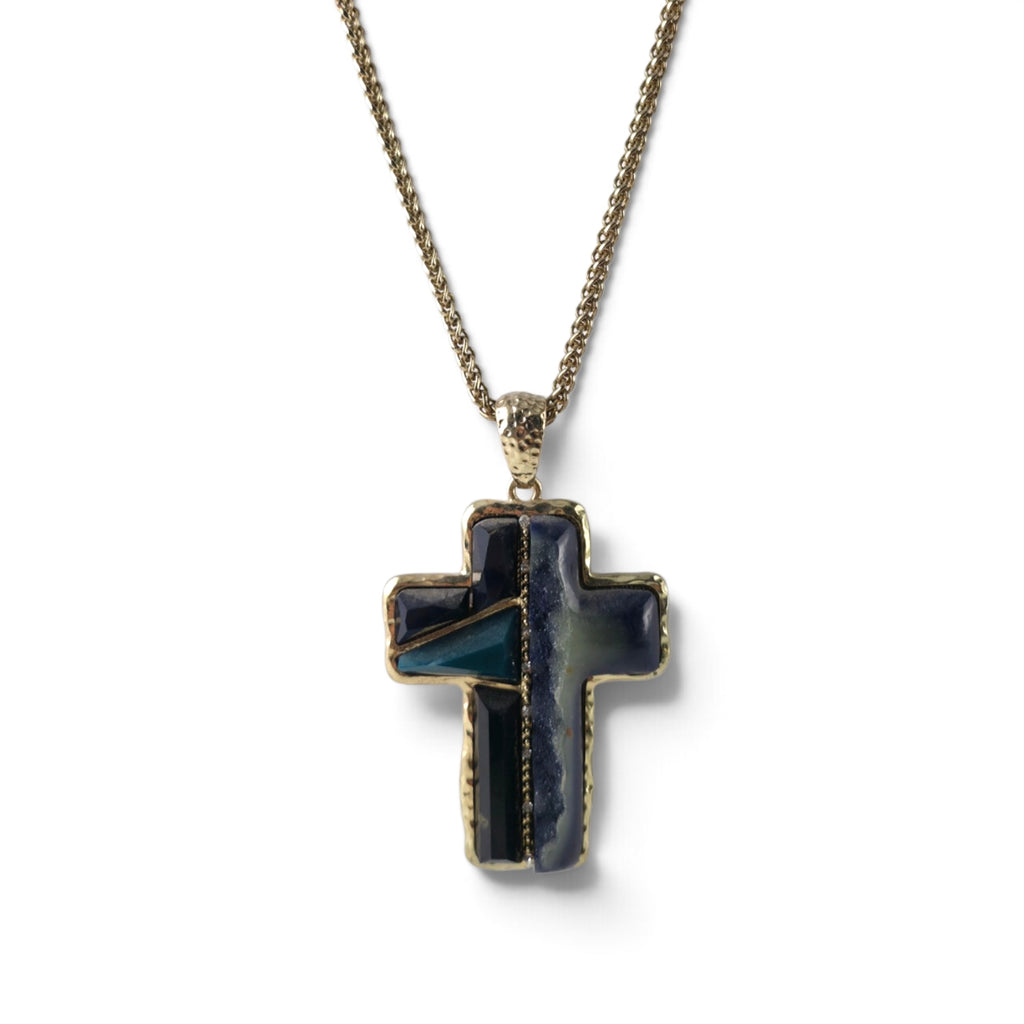 Modern Artisan Inlay Cross Pendant Necklace 15" Gold Tone Blue & Black Stone