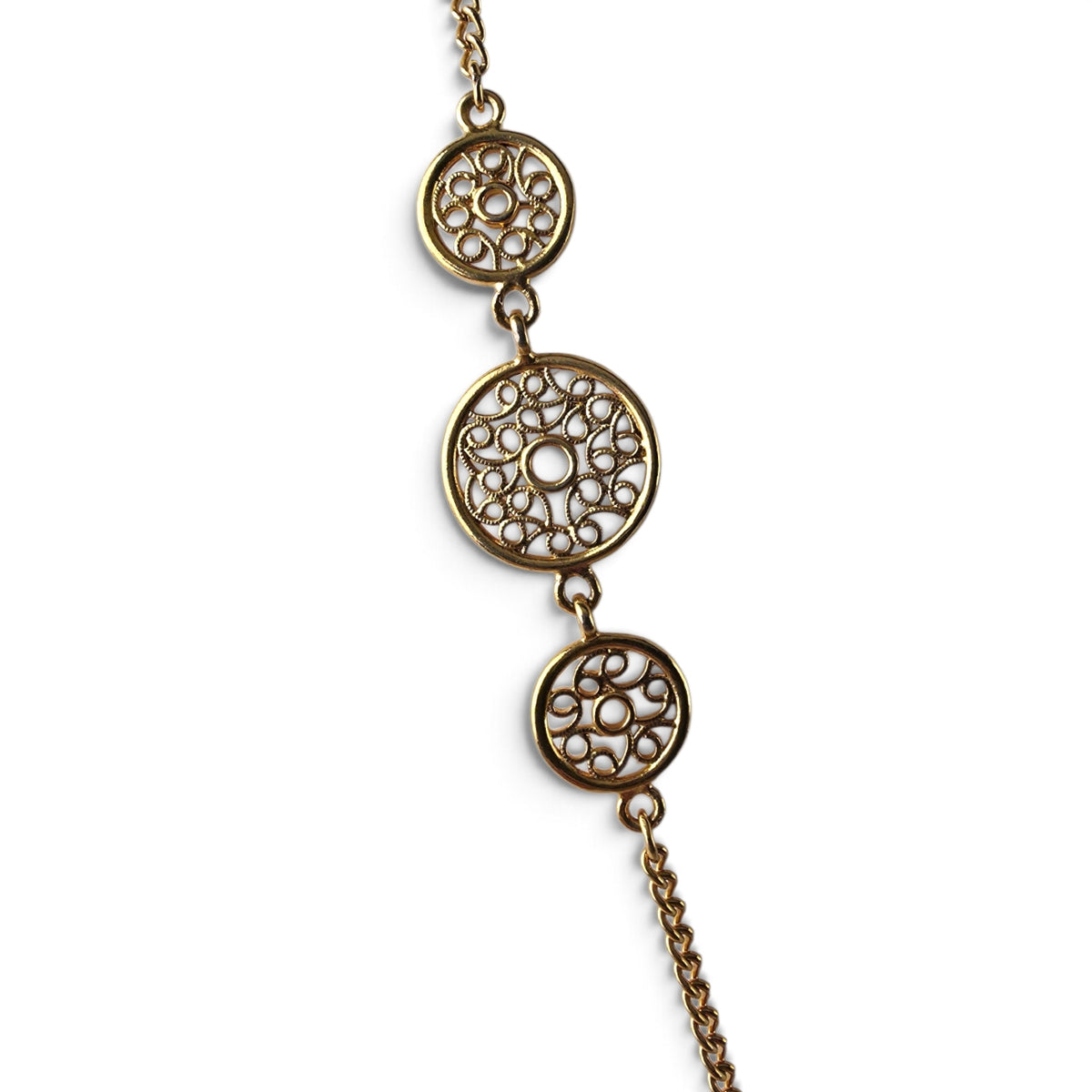 Vintage Gold Tone Openwork Filigree Station Necklace 17" Mandala Discs