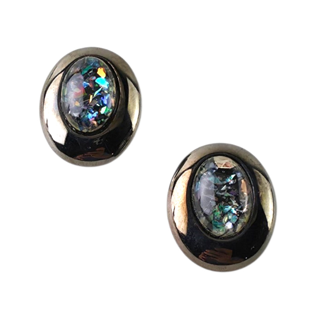 Vintage Gunmetal Art Deco Brooch & Pierced Stud Earrings Set – Iridescent Confetti Foil Cabochon
