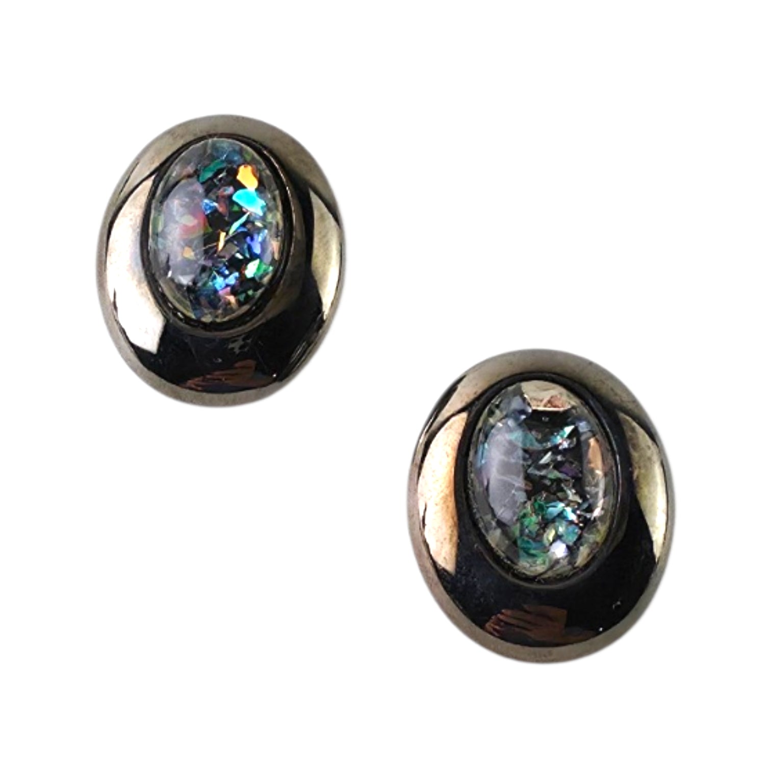 Vintage Gunmetal Art Deco Brooch & Pierced Stud Earrings Set – Iridescent Confetti Foil Cabochon