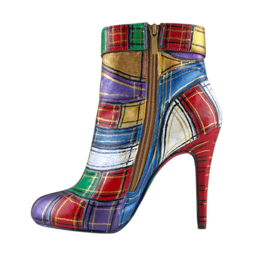 Vibrant Hand-Painted Tartan Plaid Ankle Boots