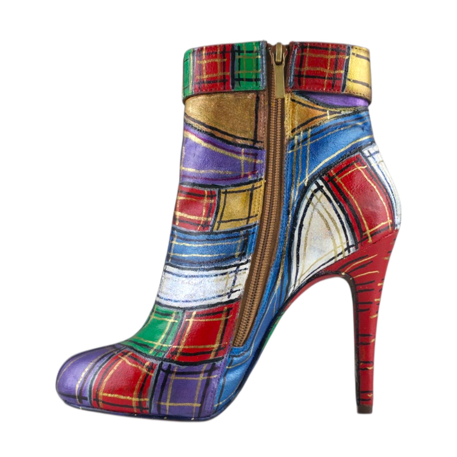 Vibrant Hand-Painted Tartan Plaid Ankle Boots