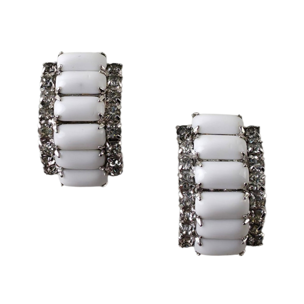 Vintage Milk Glass & Rhinestone J-Hoop Clip-On Earrings – Mid-Century Glam