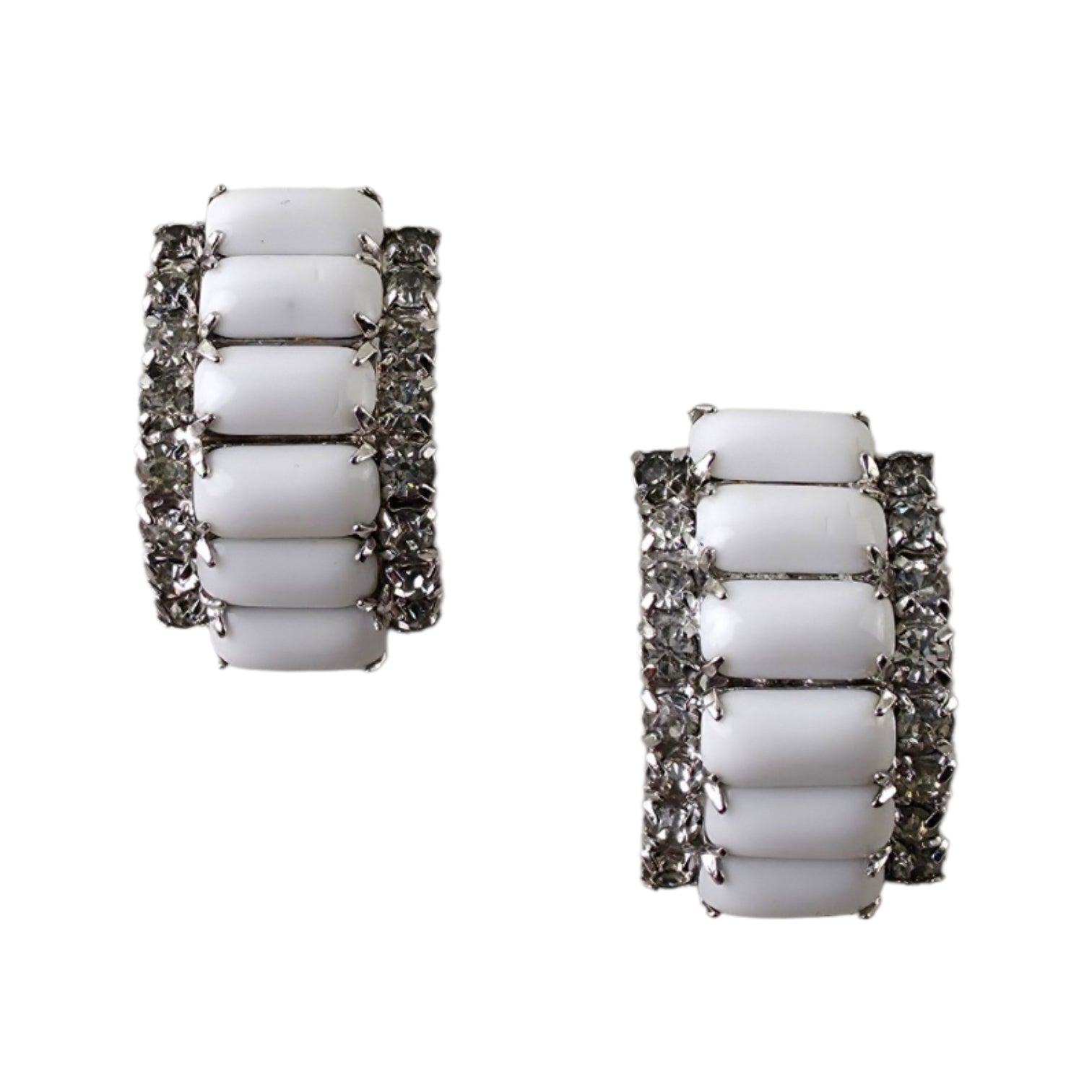 Vintage Milk Glass & Rhinestone J-Hoop Clip-On Earrings – Mid-Century Glam