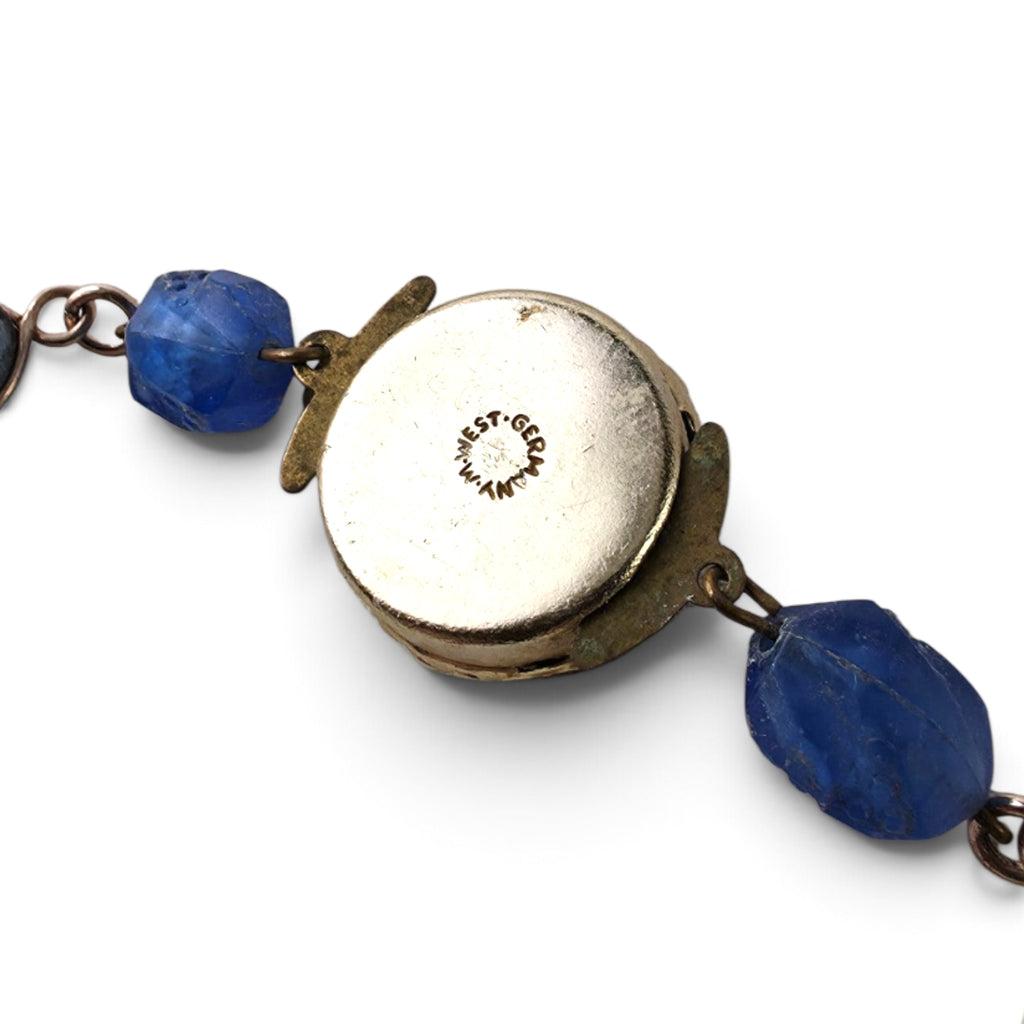 Rare Vintage West Germany 24" Blue Glass Cabochon & Molded Bead Station Necklace