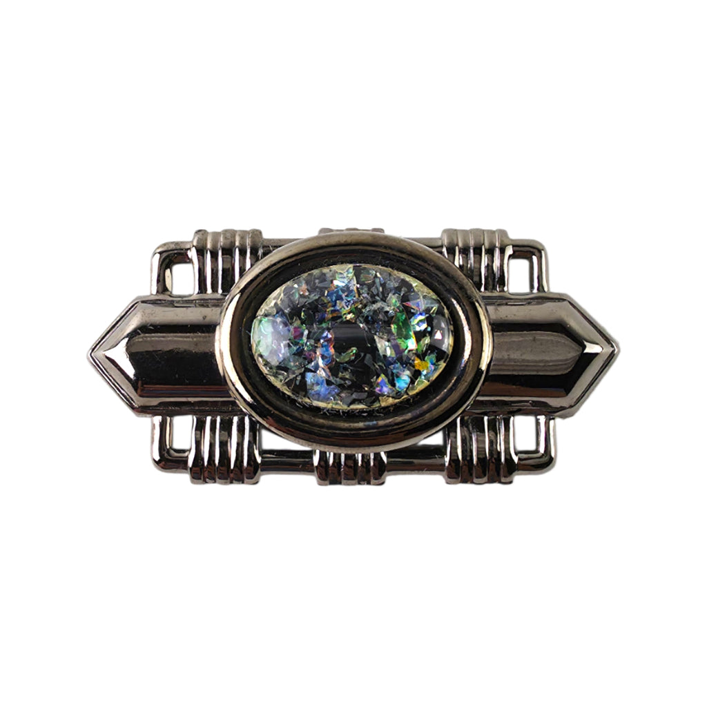 Vintage Gunmetal Art Deco Brooch & Pierced Stud Earrings Set – Iridescent Confetti Foil Cabochon