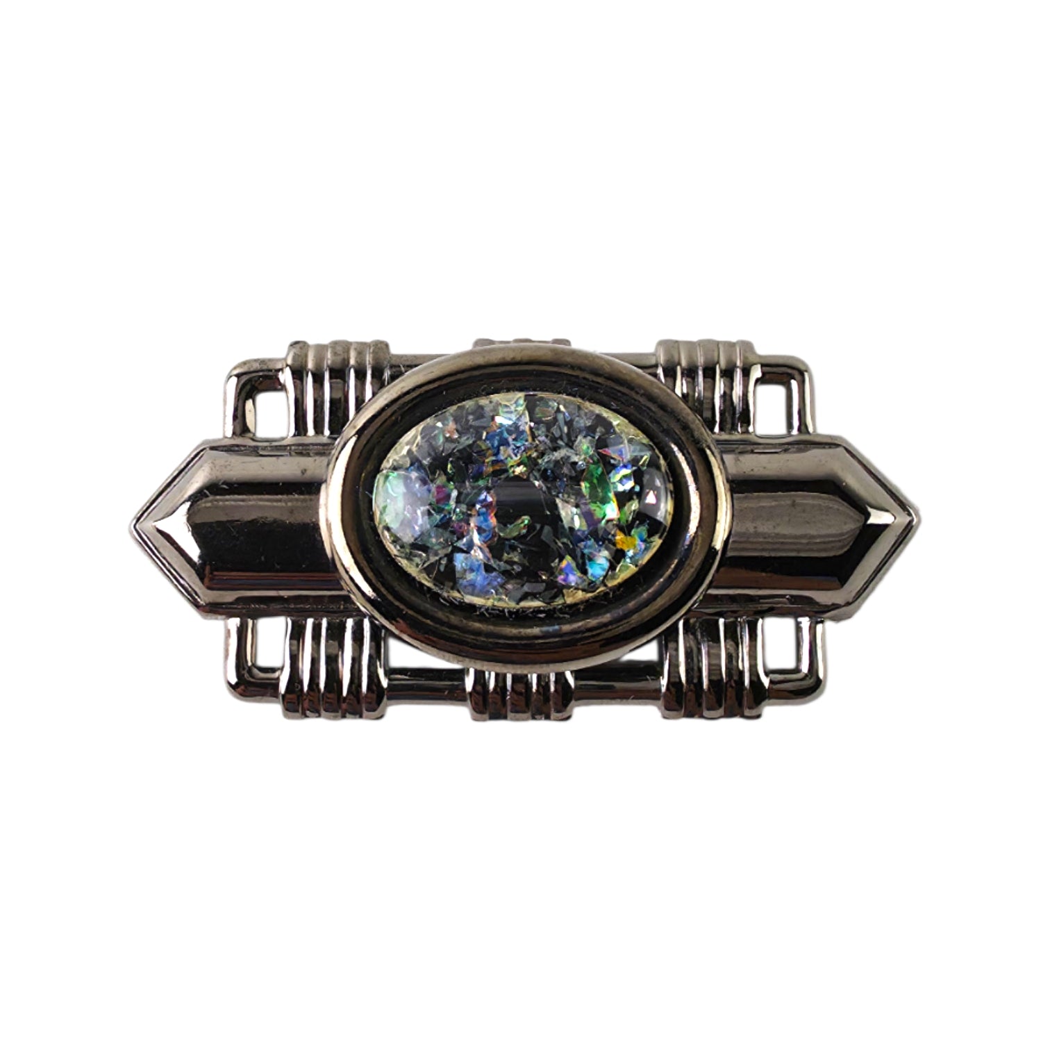 Vintage Gunmetal Art Deco Brooch & Pierced Stud Earrings Set – Iridescent Confetti Foil Cabochon