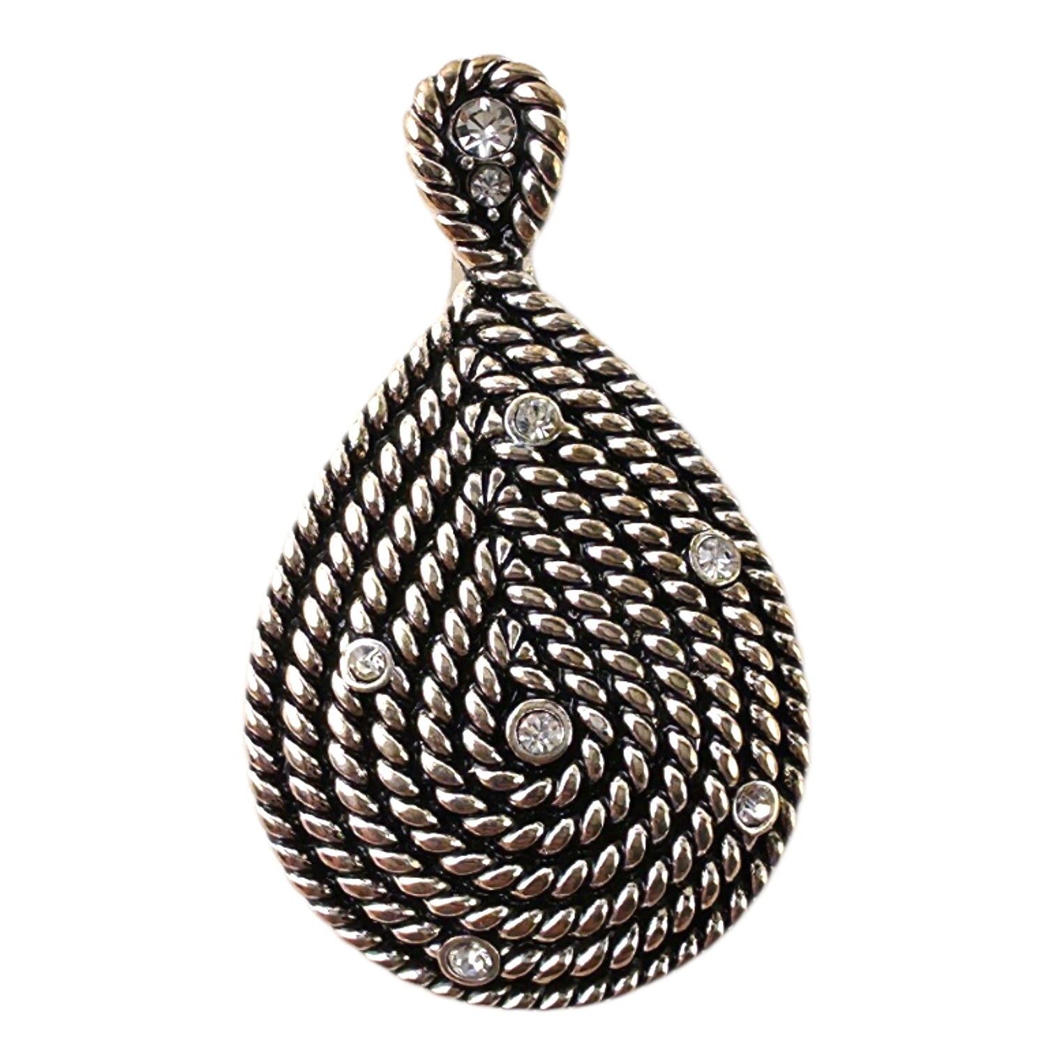 Vintage Silver-Tone Rope Twist Teardrop Pendant – Rhinestone Accented Enhancer