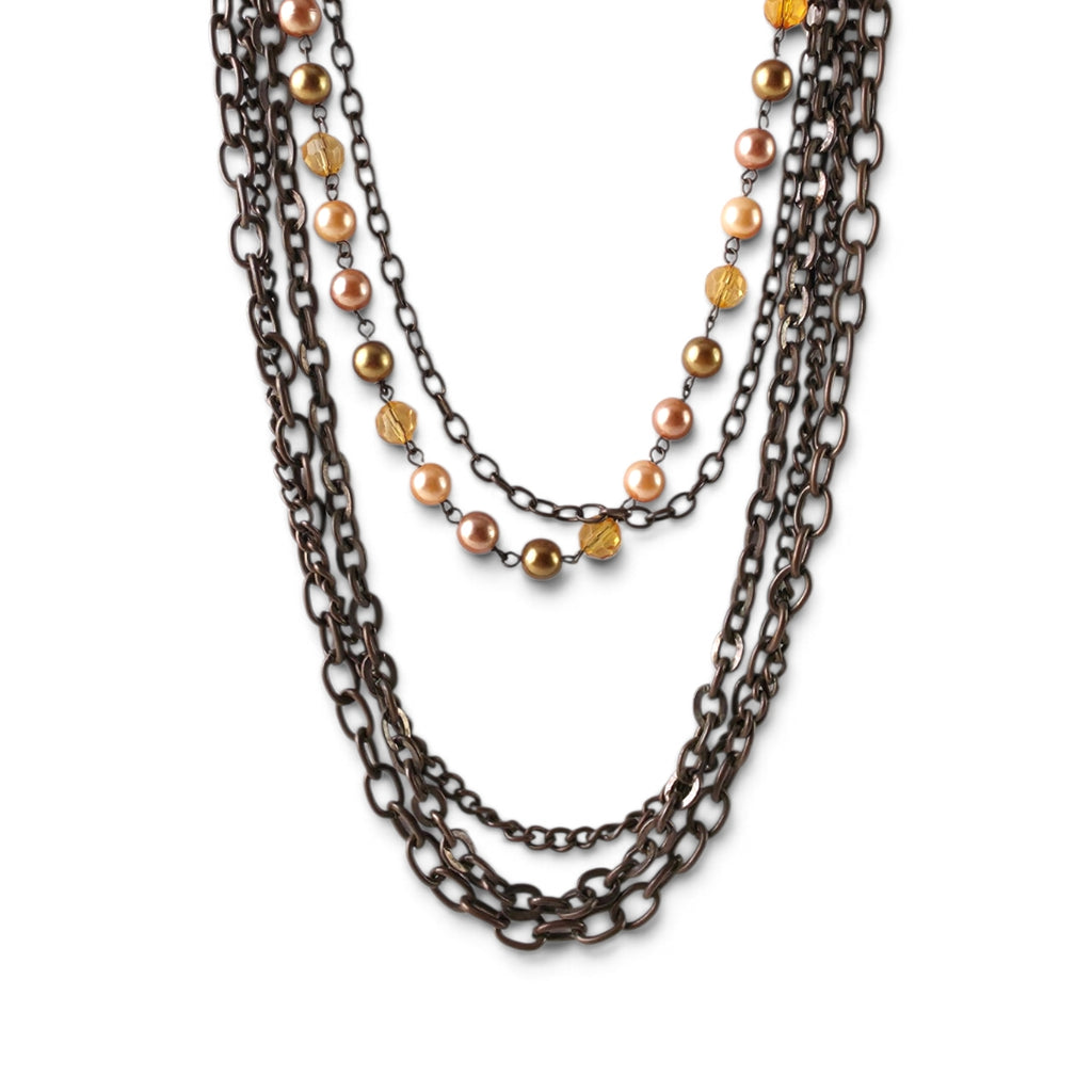 Multi-Strand Layered Chain Necklace 18" Gunmetal Faux Pearl Amber Crystal Boho