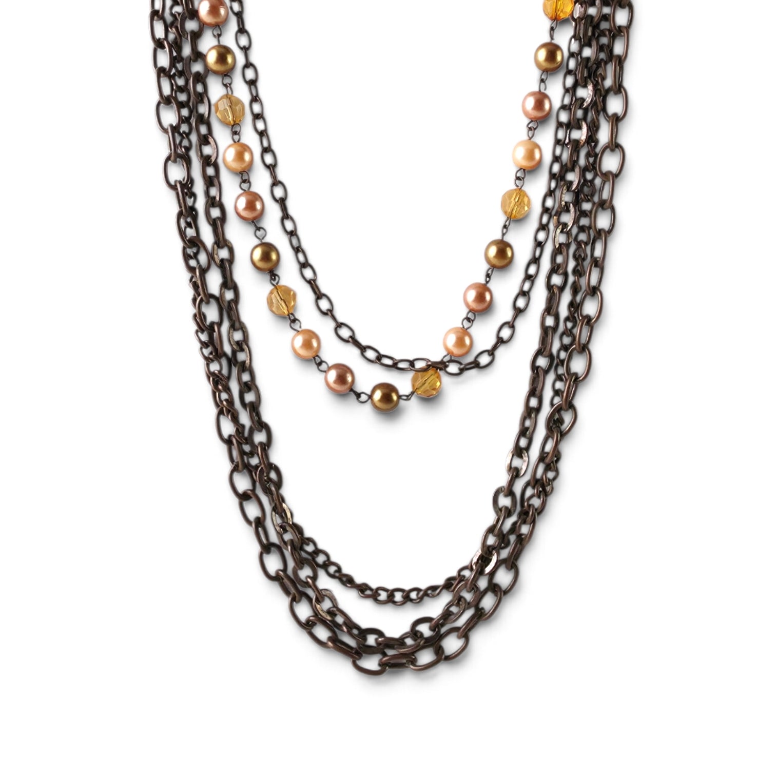 Multi-Strand Layered Chain Necklace 18" Gunmetal Faux Pearl Amber Crystal Boho