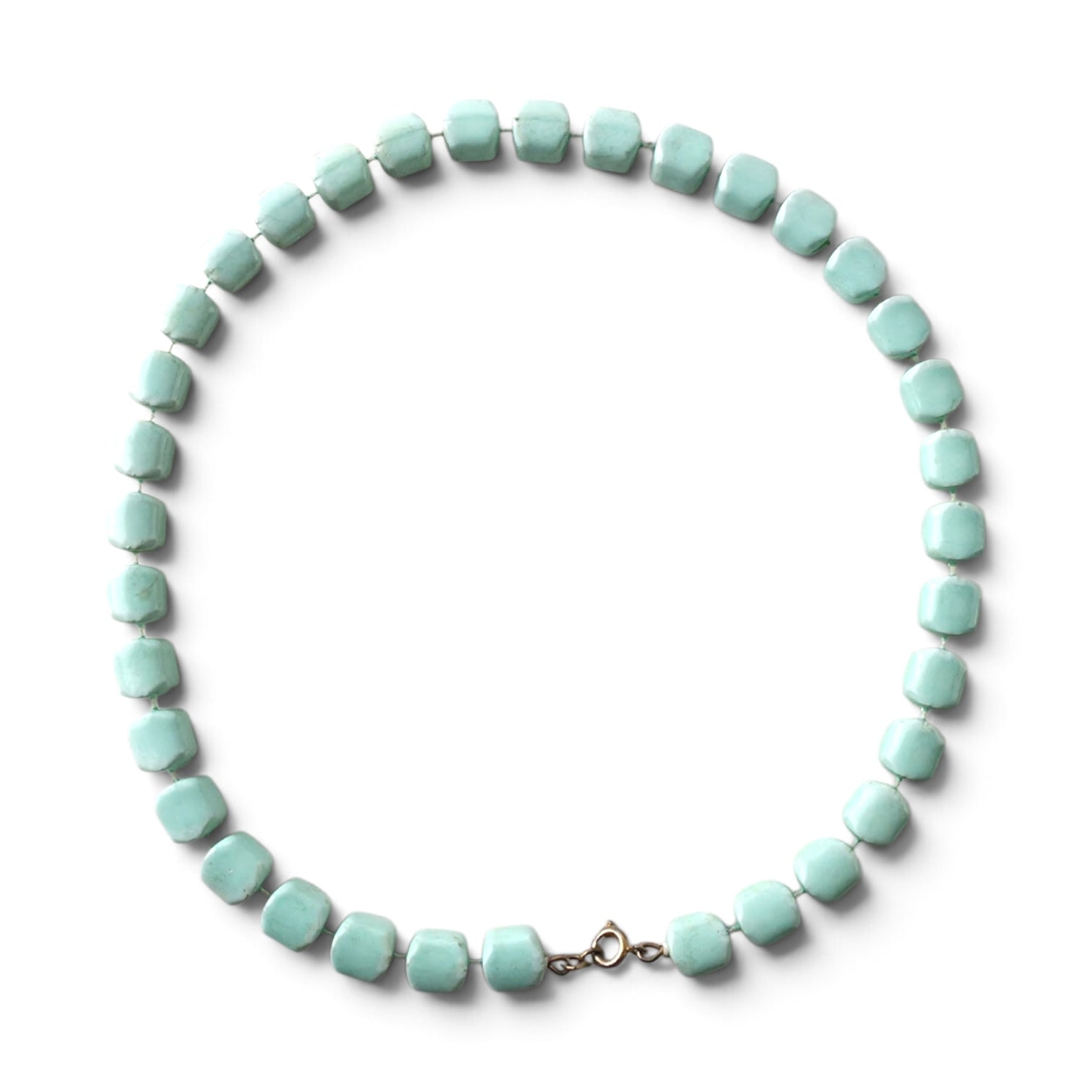 Vintage Turquoise Green Square Barrel Glass Bead Strand Necklace Statement Choker