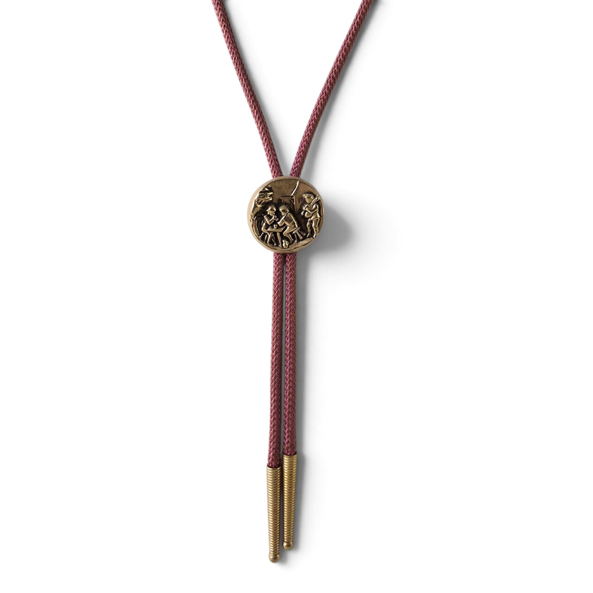 Vintage Brass Relief Scene Bolo Tie 17" Mauve Pink Cord Tavern Cellar Medallion