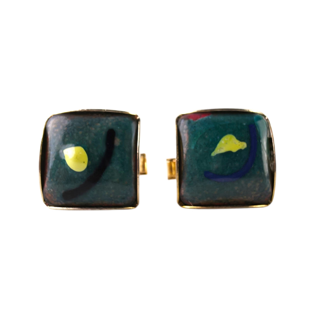 Vintage MCM Enamel Copper Cufflinks & Screw-Back Earrings Set – Joan Miró Style Art