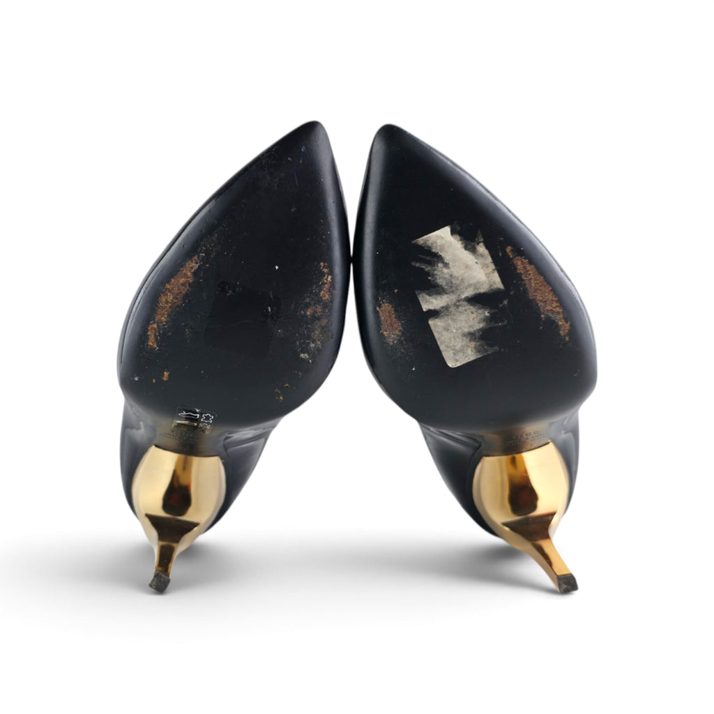 GIUSEPPE ZANOTTI Black Patent Leather Metallic Gold Sculpted Stiletto Heels
