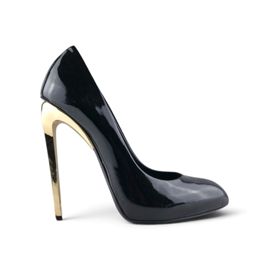 GIUSEPPE ZANOTTI Black Patent Leather Metallic Gold Sculpted Stiletto Heels