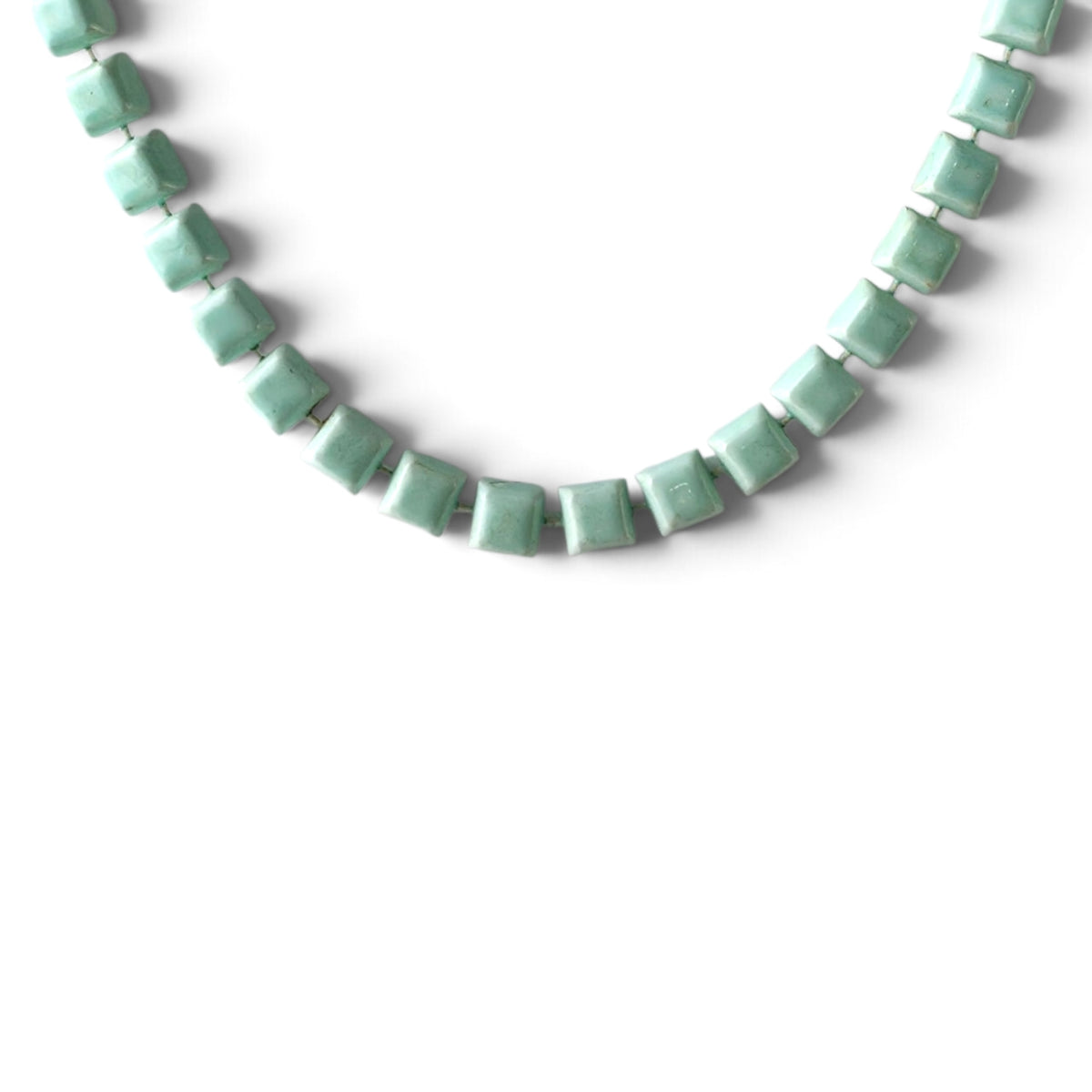 Vintage Turquoise Green Square Barrel Glass Bead Strand Necklace Statement Choker
