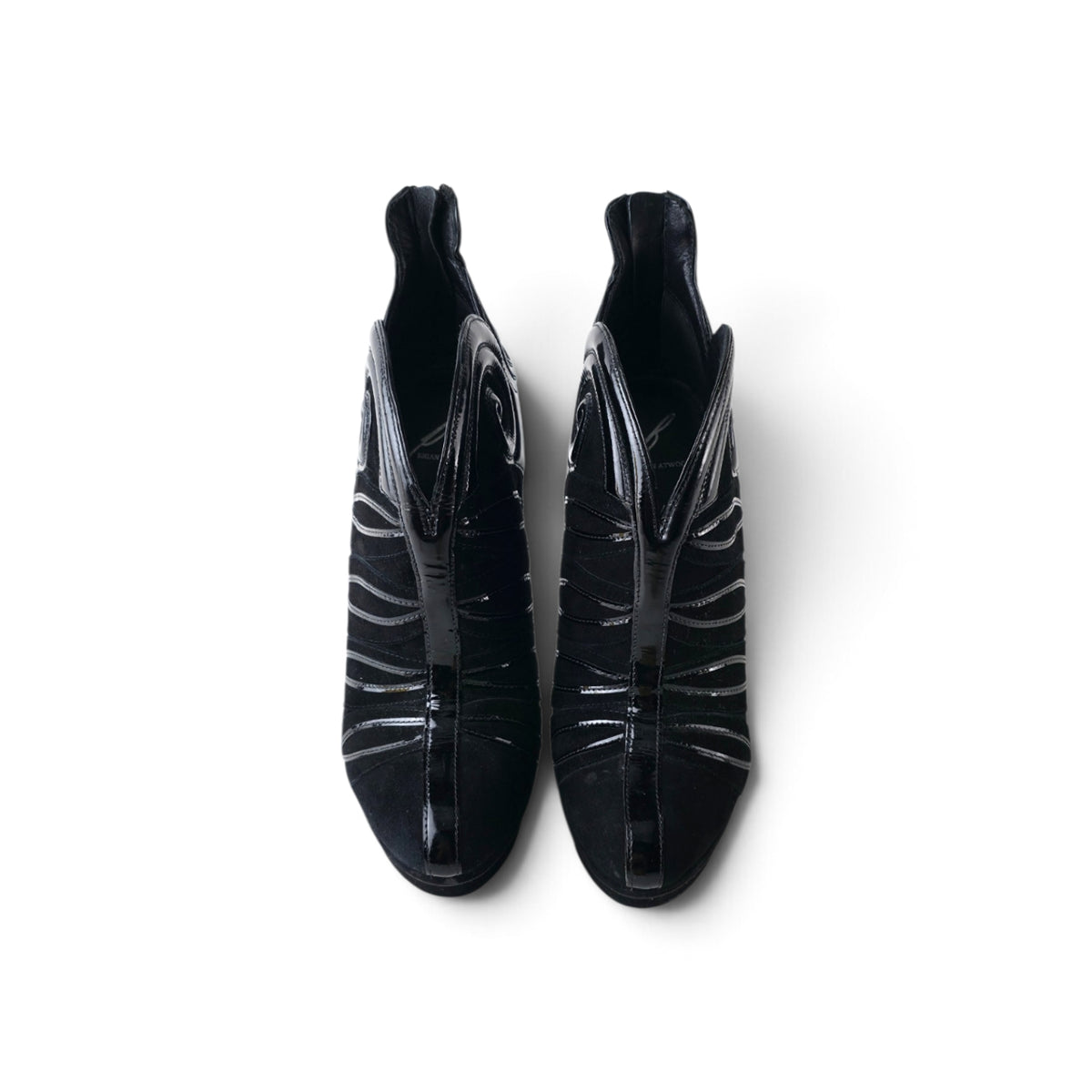 Brian Atwood Black Suede and Patent Leather Platform Stiletto Booties