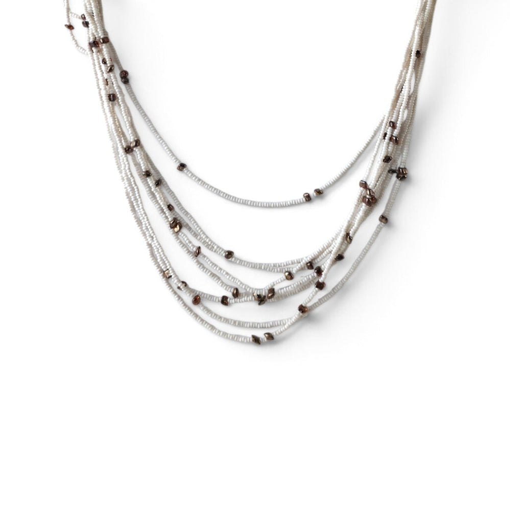 Vintage Multi-Strand White Seed Bead Necklace 14" Metallic Bronze Nugget Accent Waterfall Boho