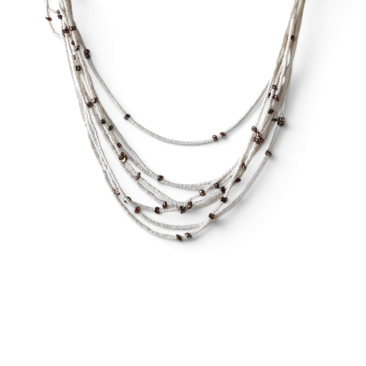 Vintage Multi-Strand White Seed Bead Necklace 14" Metallic Bronze Nugget Accent Waterfall Boho