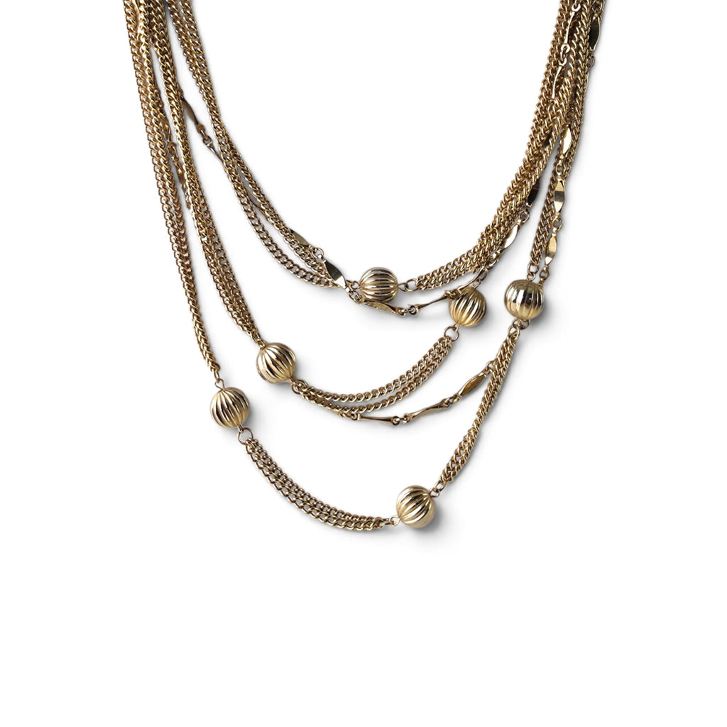 Vintage Multi-Strand Gold Tone Fluted Bead Statement Necklace 14" Choker Glam