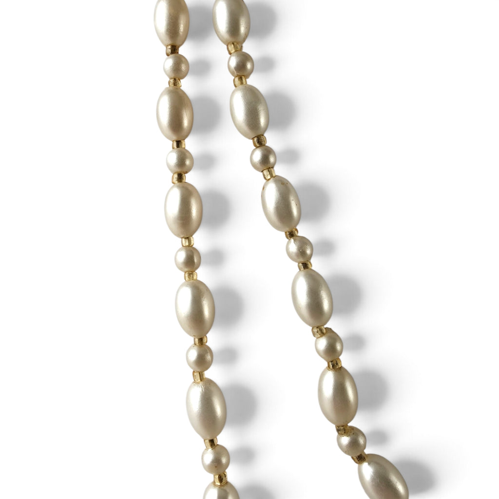 Vintage 52" Faux Pearl Long Opera Flapper Necklace Cream Oval Rice Beads Gold Accents