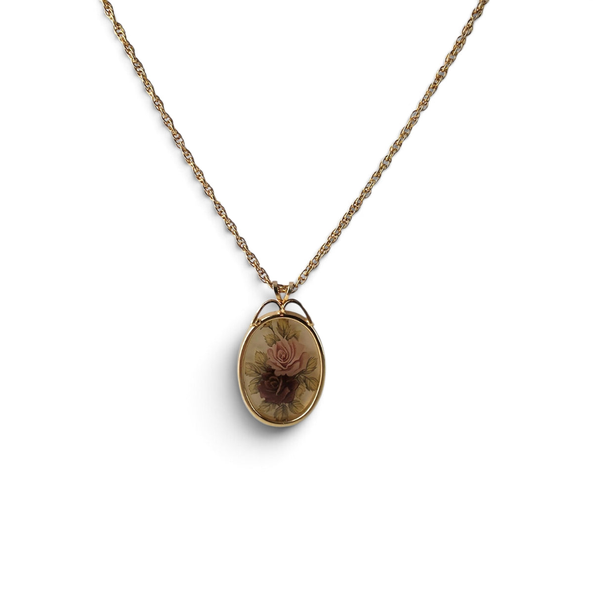 Vintage Gold Tone Floral Rose Cameo Oval Pendant Necklace 11" Cottagecore Coquette