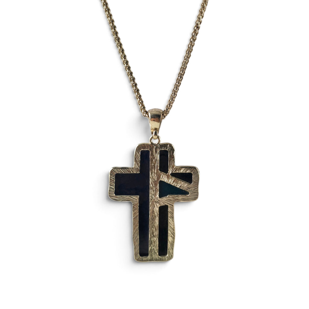 Modern Artisan Inlay Cross Pendant Necklace 15" Gold Tone Blue & Black Stone