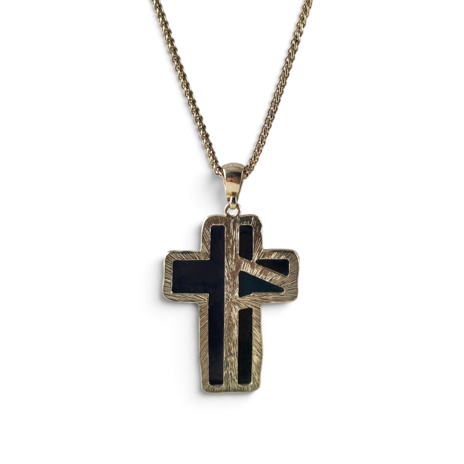 Modern Artisan Inlay Cross Pendant Necklace 15" Gold Tone Blue & Black Stone