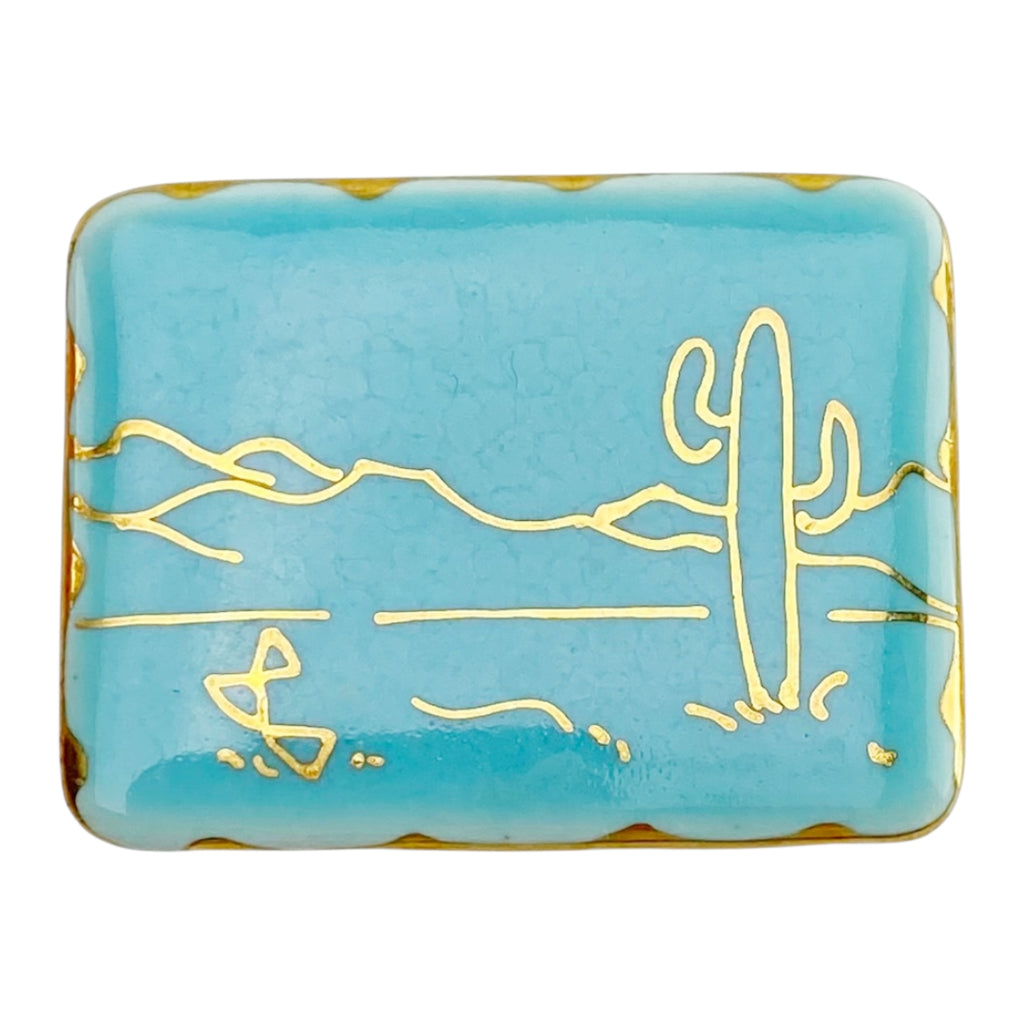 Vintage Turquoise Ceramic Desert Brooch – Gold Saguaro Cactus Line Art Pin