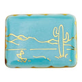 Vintage Turquoise Ceramic Desert Brooch – Gold Saguaro Cactus Line Art Pin