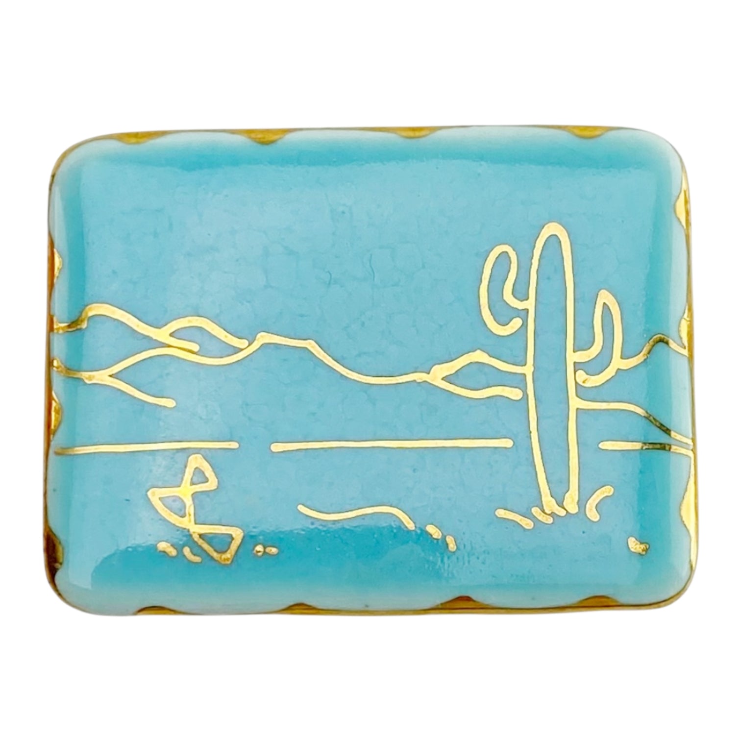 Vintage Turquoise Ceramic Desert Brooch – Gold Saguaro Cactus Line Art Pin