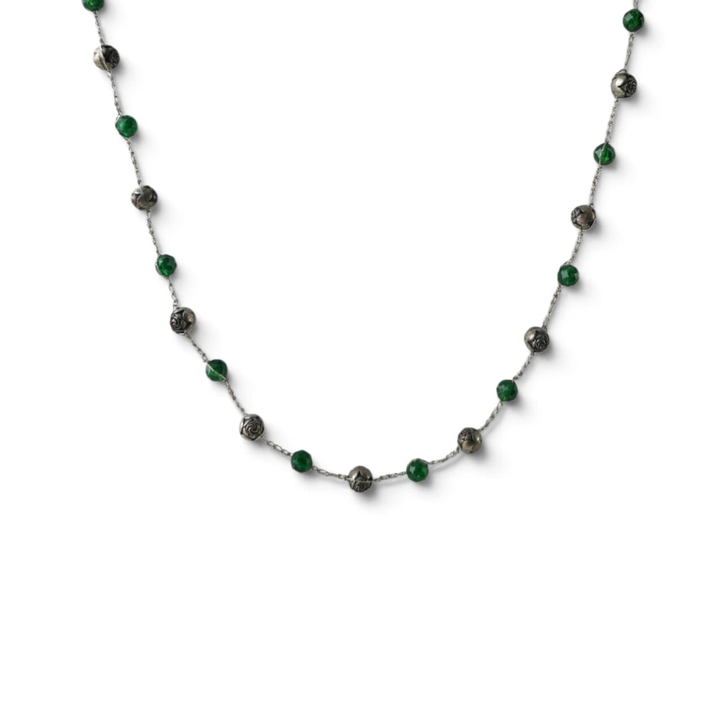 Vintage Emerald Green Faceted Crystal & Antiqued Rose Bead 16" Station Necklace