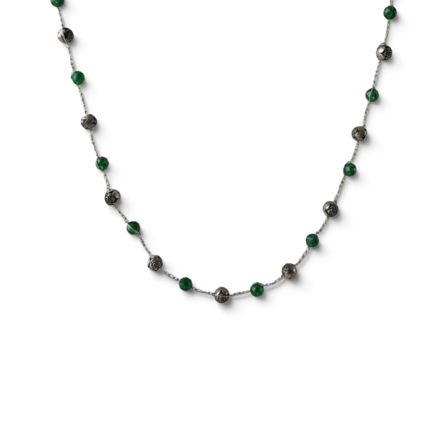 Vintage Emerald Green Faceted Crystal & Antiqued Rose Bead 16" Station Necklace