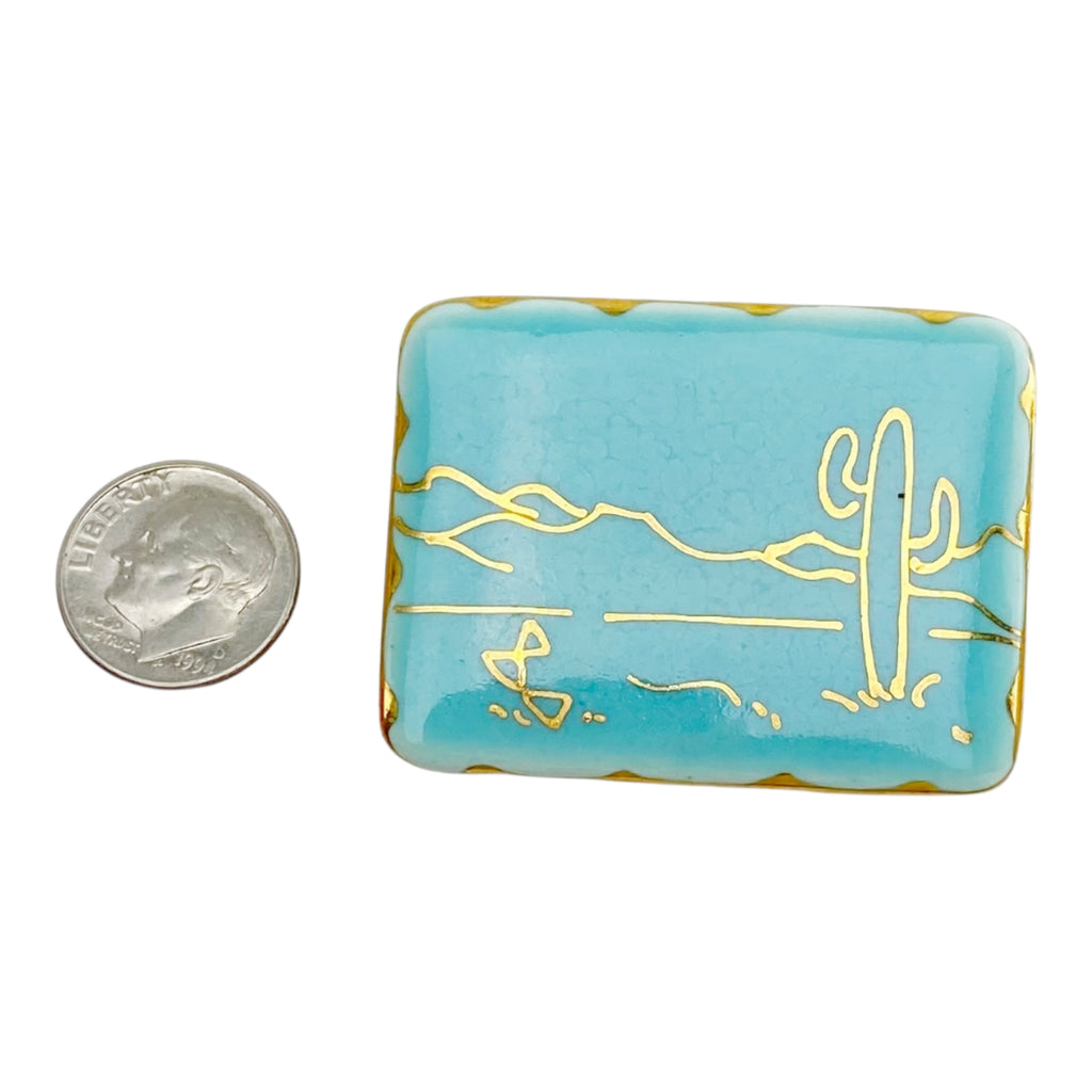 Vintage Turquoise Ceramic Desert Brooch – Gold Saguaro Cactus Line Art Pin